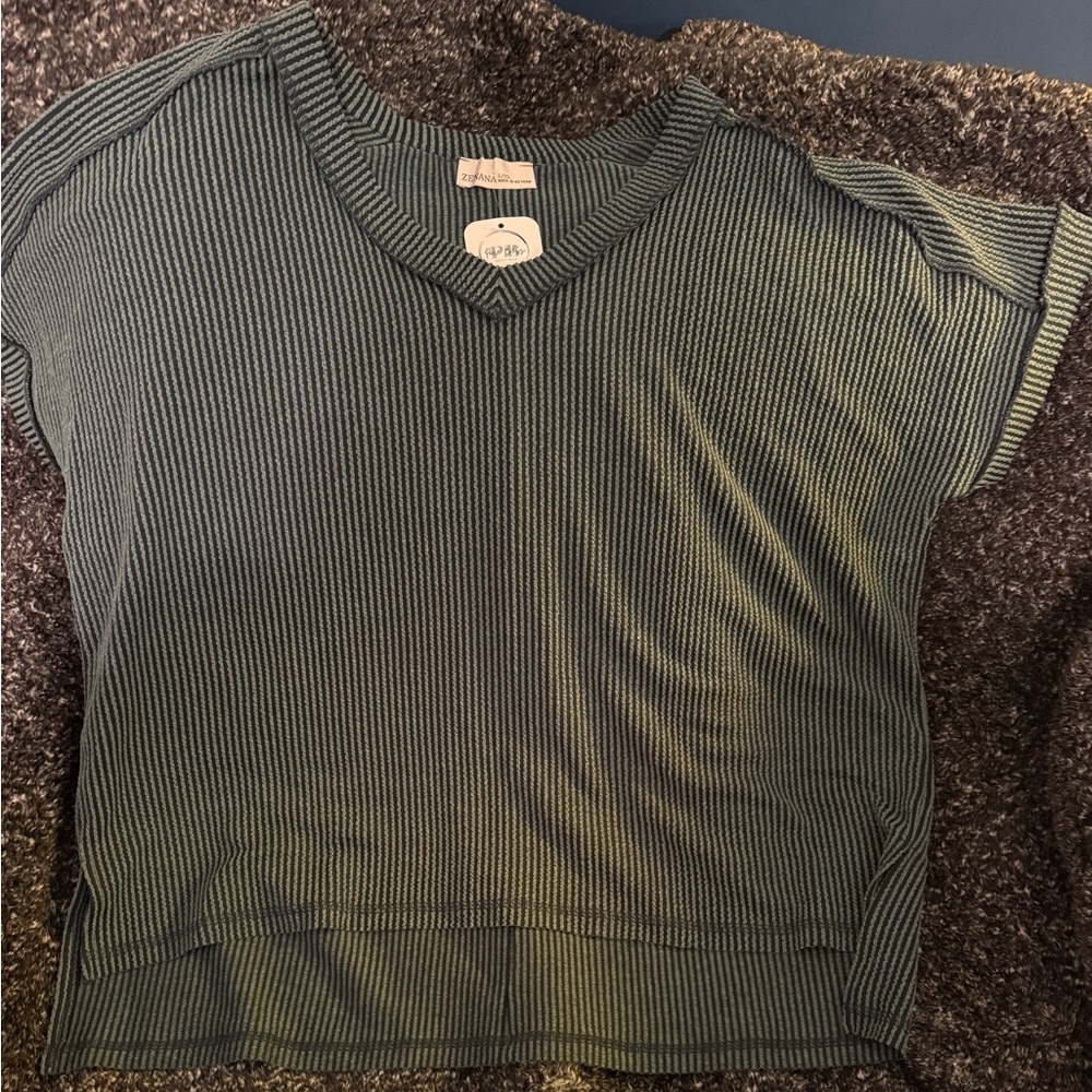 Green Striped V-Neck Top